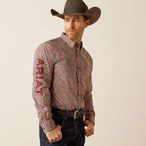 Ariat Men's Team Logo Omega Fitted Long Sleeve Shirt, Red|Burgundy