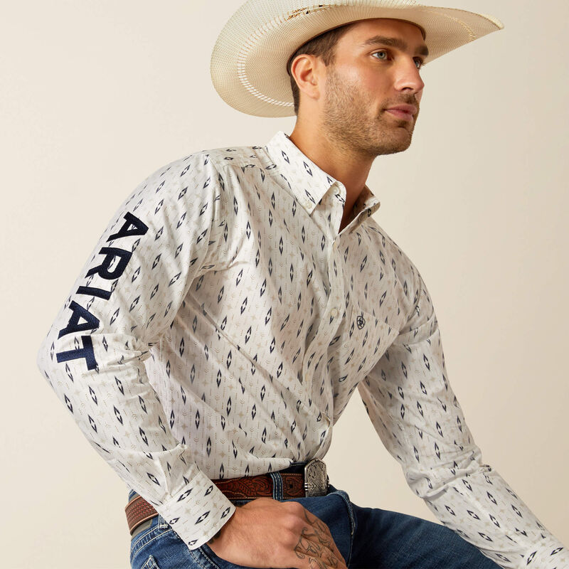Ariat Men's Team Logo Perkins Fitted Fit Long Sleeve Shirt, White|Navy