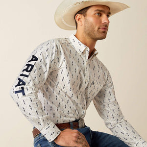 Ariat Men's Team Logo Perkins Fitted Fit Long Sleeve Shirt, White|Navy