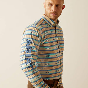 Ariat Men's Team Logo Peer Classic Fit Long Sleeve Shirt, Khaki|Blue