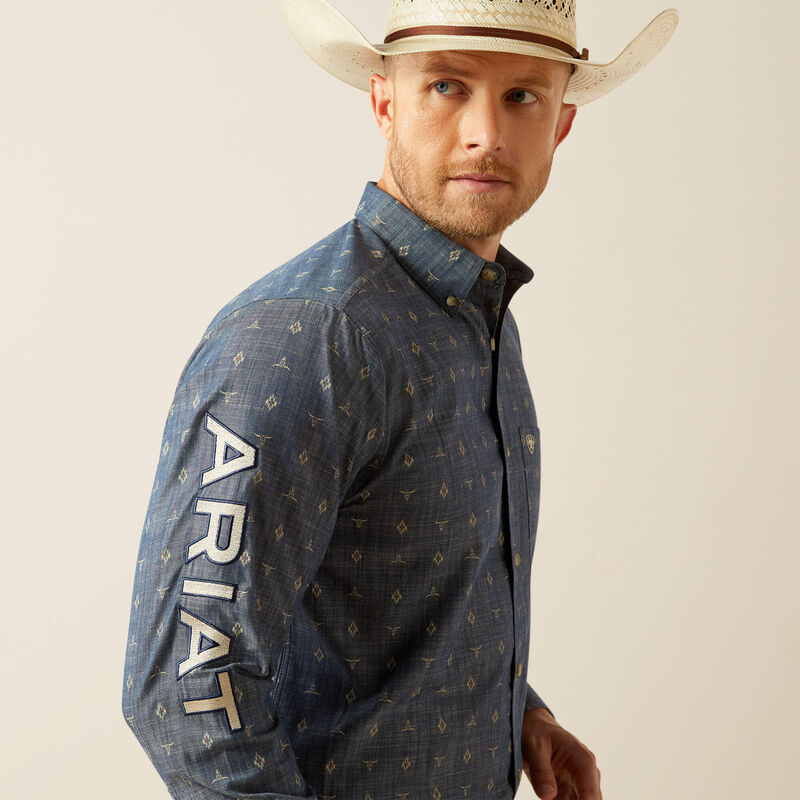 Ariat Men's Team Logo Philibert Classic Fit Long Sleeve Shirt, Chambray Blue|Khaki