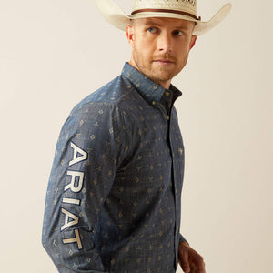 Ariat Men's Team Logo Philibert Classic Fit Long Sleeve Shirt, Chambray Blue|Khaki