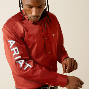 Ariat Men's Team Logo Twill Classic Fit Long Sleeve Shirt, Dark Red|Khaki