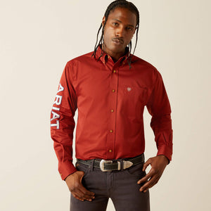 Ariat Men's Team Logo Twill Classic Fit Long Sleeve Shirt, Dark Red|Khaki