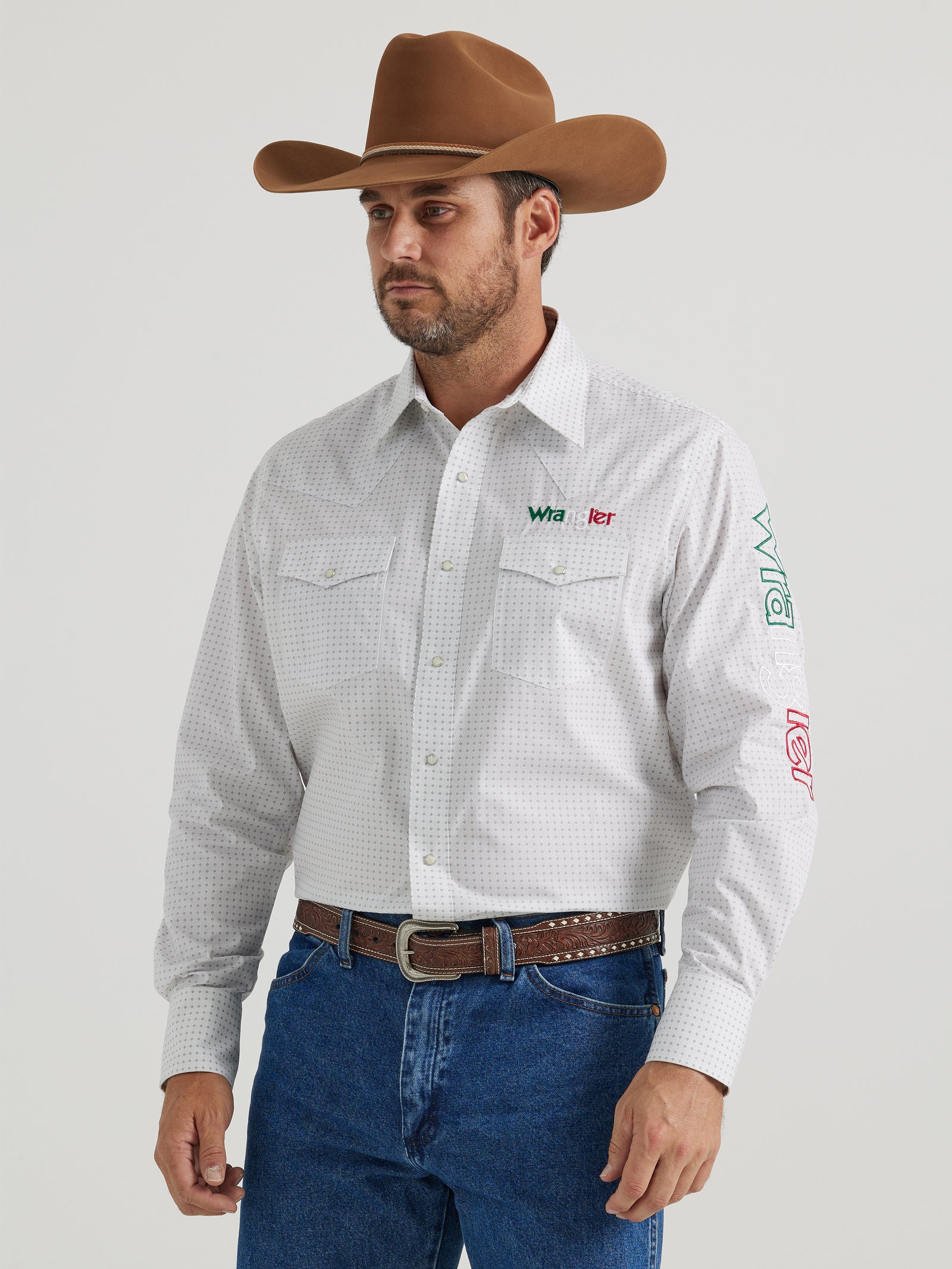 Wrangler® Men's Logo Long Sleeve Button Down Shirt, White