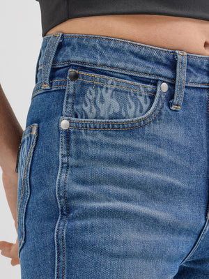 Wrangler® x Hot Wheels™ Women's High Rise Bootcut Denim Jeans, Dark Blue