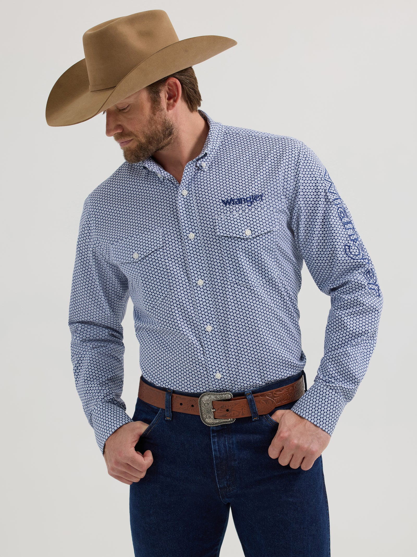 Wrangler® Men's Logo Long Sleeve Button Down Shirt, Blue