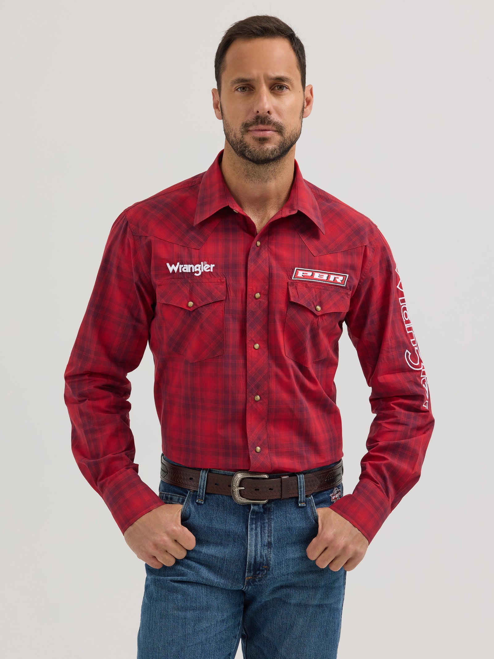 Wrangler® Men's PBR Logo Long Sleeve Button Down Shirt, Red