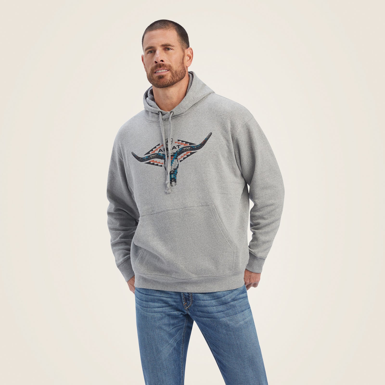 Ariat Men's Horns Southwest Hoodie, Medium Grey Heather