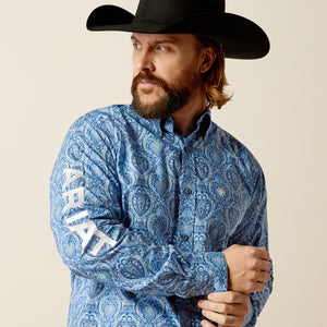 Ariat Men's Team Logo Kellan Fitted Fit Long Sleeve Shirt, Blue|White