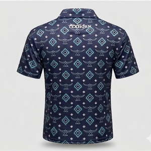 Texhorn Men's Geometric Steer Skull 4-Way Stretch Performance Polo, Navy/Turquoise
