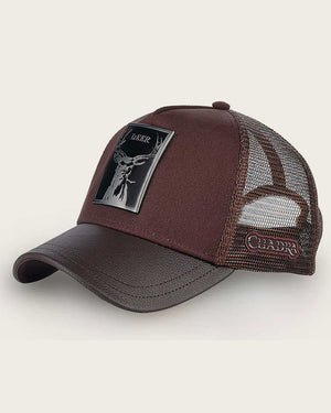 Cuadra Unisex Bovine Leather Deer Metal Patch Cap, Brown
