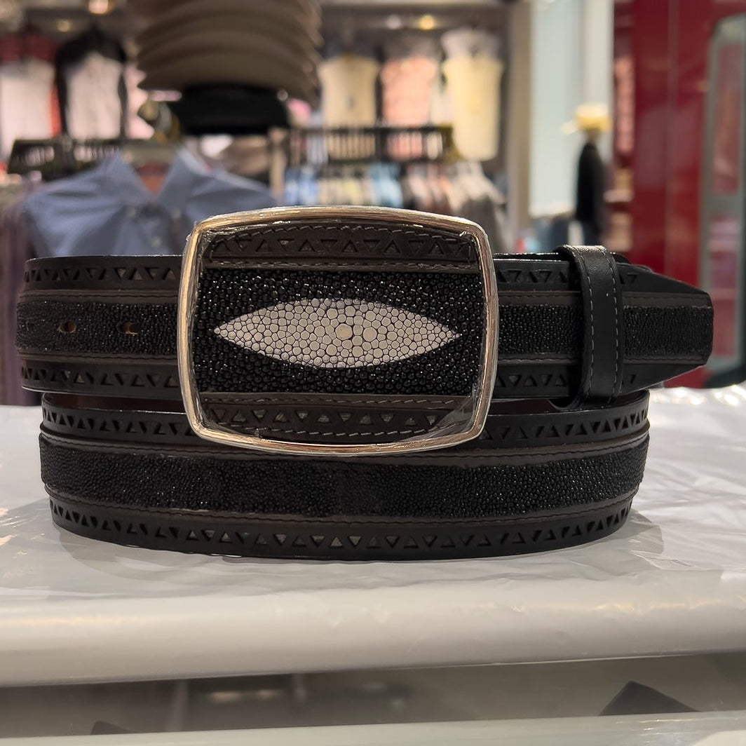 Wild West Men's Stingray Single Stone Laser Belt, Black