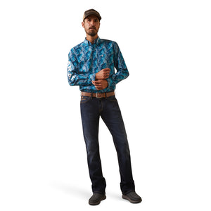 Ariat Men's Team Logo Hugh Fitted Fit Long Sleeve Shirt, Teal