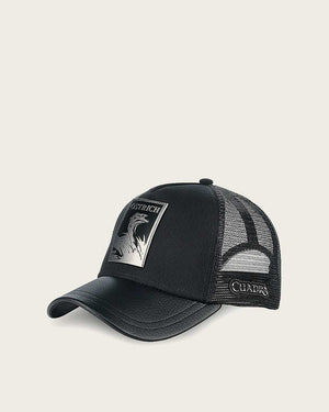 Cuadra Unisex Bovine Leather Ostrich Metal Patch Cap, Black