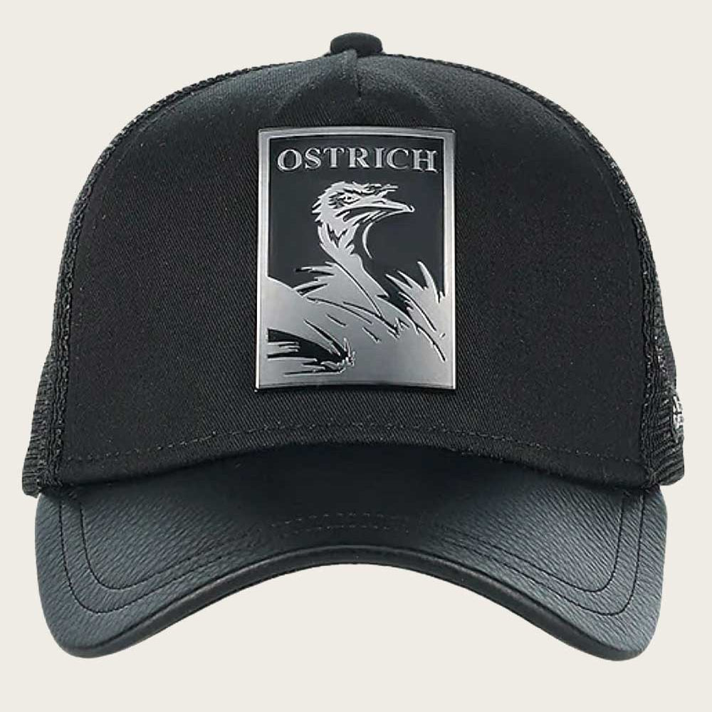 Cuadra Unisex Bovine Leather Ostrich Metal Patch Cap, Black