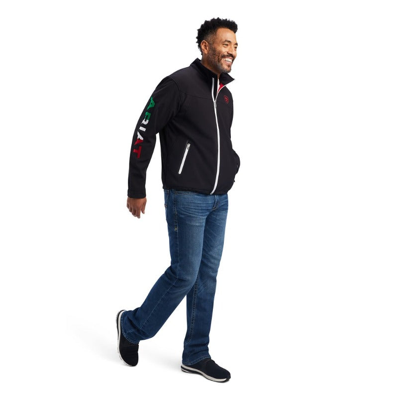 SKU # 10039009 Description  Limited Edition Ariat Mexico Jacket!  Available in size XS-XXL.  Men's Ariat New Team Softshell Mexico Brand SMU, Black