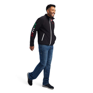 SKU # 10039009 Description  Limited Edition Ariat Mexico Jacket!  Available in size XS-XXL.  Men's Ariat New Team Softshell Mexico Brand SMU, Black