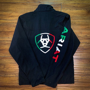 SKU # 10039009 Description  Limited Edition Ariat Mexico Jacket!  Available in size XS-XXL.  Men's Ariat New Team Softshell Mexico Brand SMU, Black