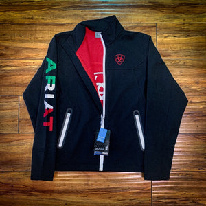 SKU # 10039009 Description  Limited Edition Ariat Mexico Jacket!  Available in size XS-XXL.  Men's Ariat New Team Softshell Mexico Brand SMU, Black